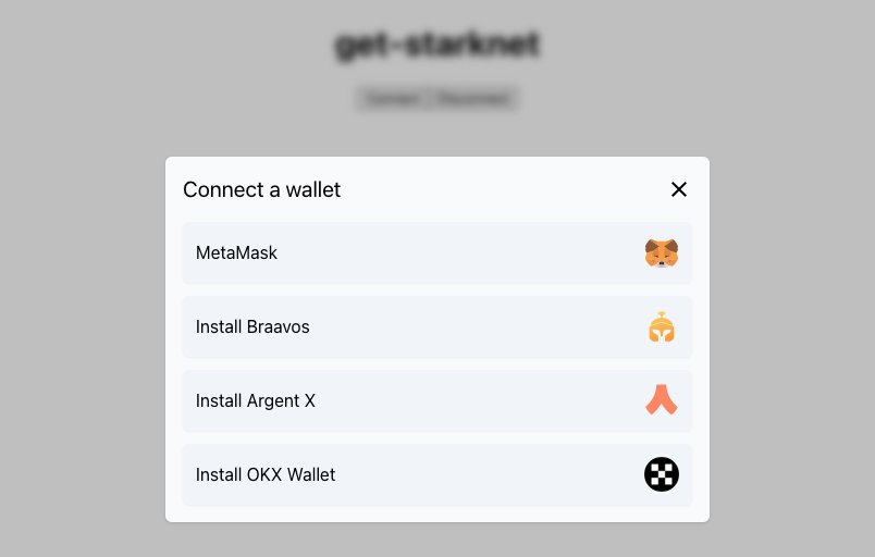 Starknet dapp wallet modal